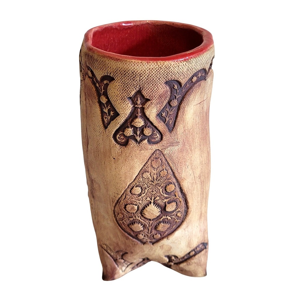 Handmade Art Pottery Vase 8" - Persian Paisley Block, Red Tan, Boho Rustic Decor